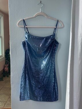 Emerald Sundae Shimmering Steel Blue Sequin Cowl Top